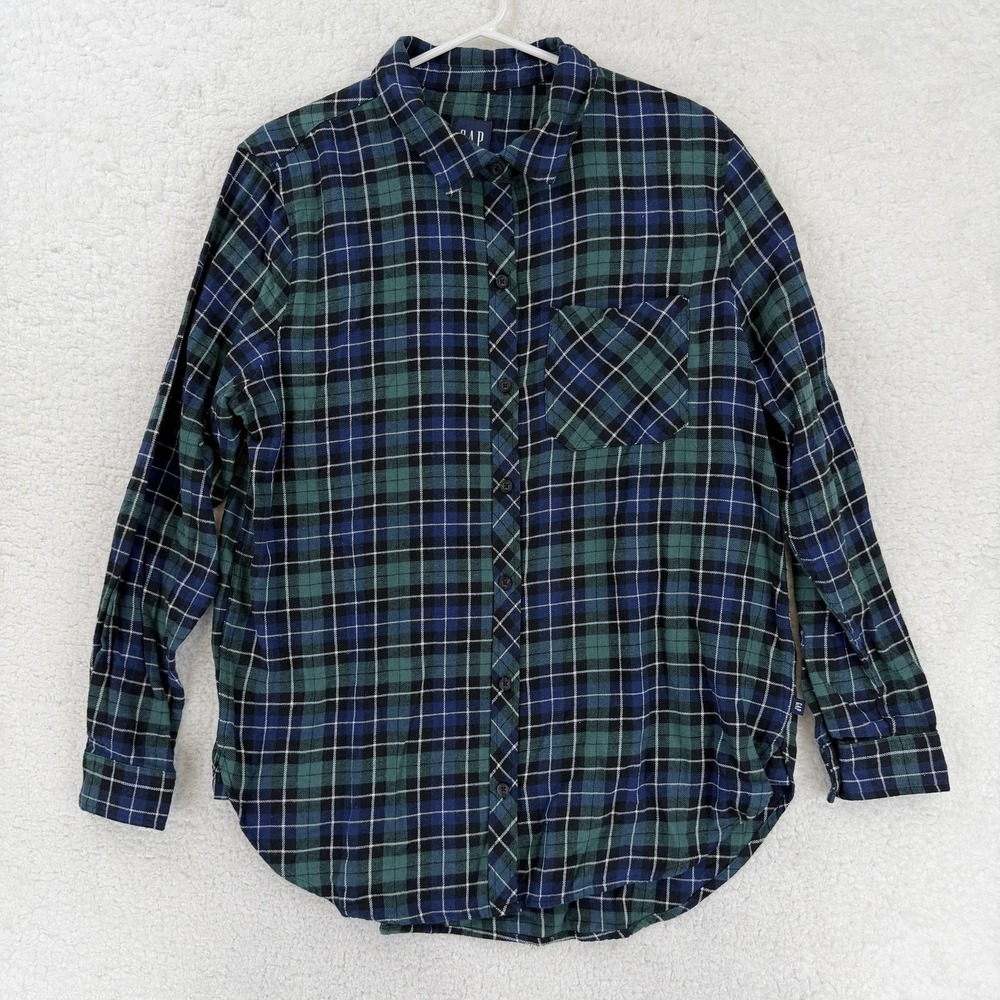 Gap Shirt Womens Large Blue Green Plaid Relaxed Flannel Button Up Long Sleeve